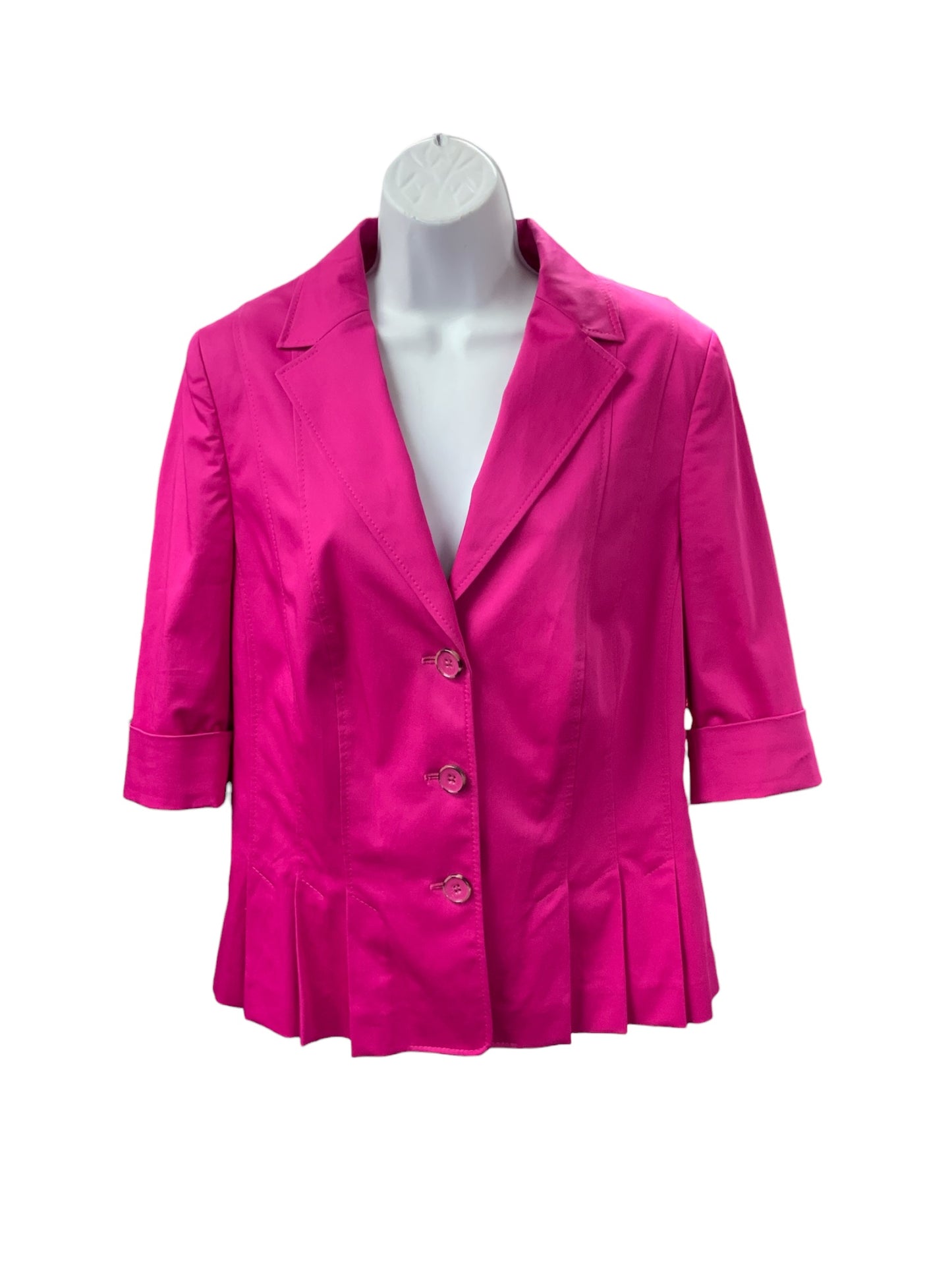 Rena Lange Women's Blazer Fucshia 16=XL 3/4 Sleeve Tuck Pleated Peplum look.