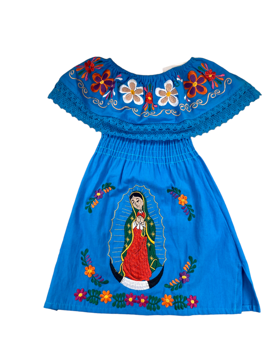 Kids Handmade Mexican Embroidered Dress Blue Floral Size 2