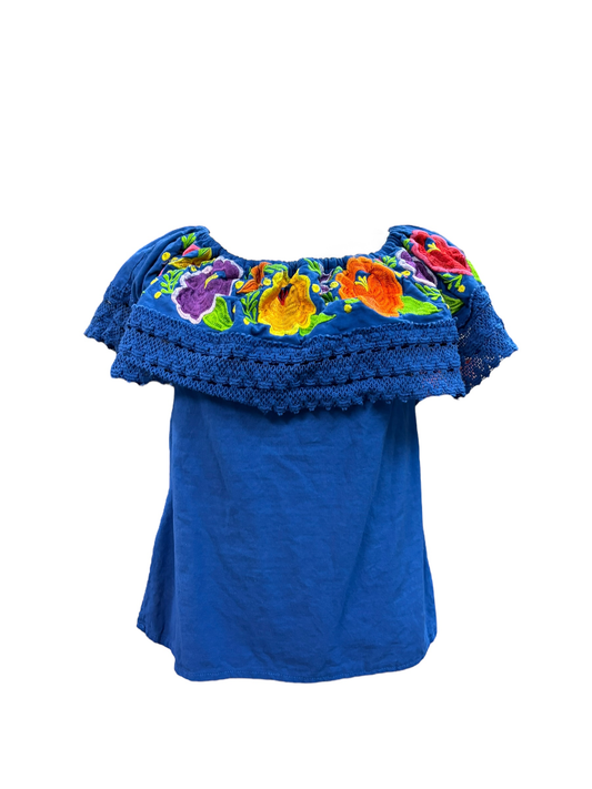 Embroidery Womens Blouse Blue Floral Size M