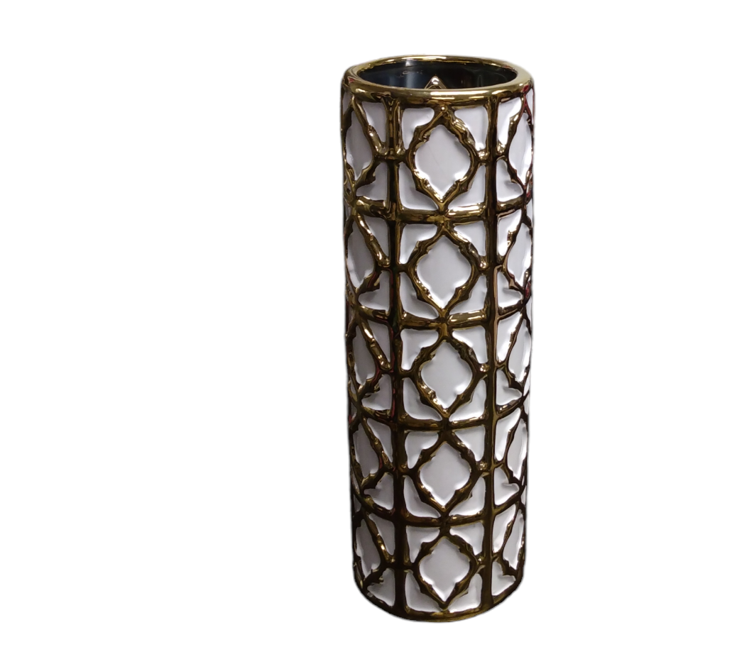 Ceramic Vase Gold And White 12"