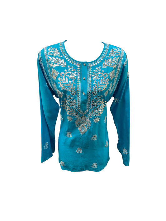 GoSilk Women's Tunic Turq Embroidered L