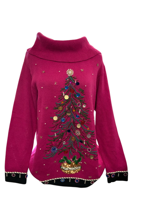 BPD Designs Women's Sweater Pink Christmas Tree L