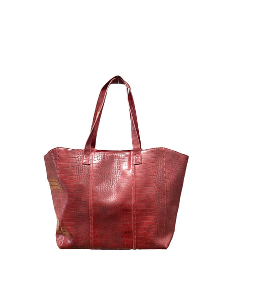 Neiman Marcus Embrossed Burgundy Leather Tote Bag